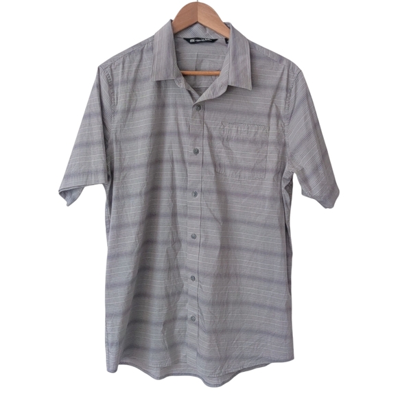 TRAVIS MATHEW Striped Shirt L Gray Button Down Short Sleeve Golf Men's - Picture 1 of 8